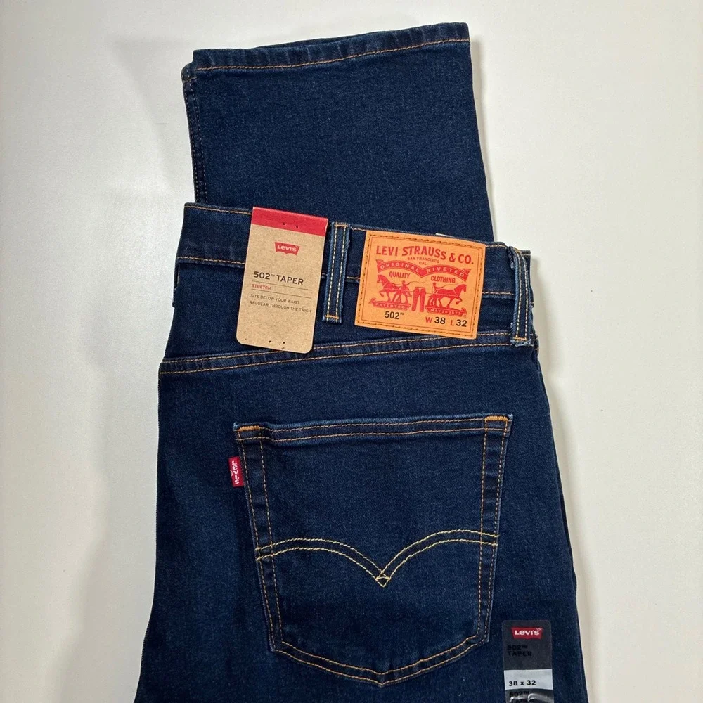 NEW Levi's 502 Taper Jeans 38x32 Dark Indigo Blue Stretch Denim USA Cowboy